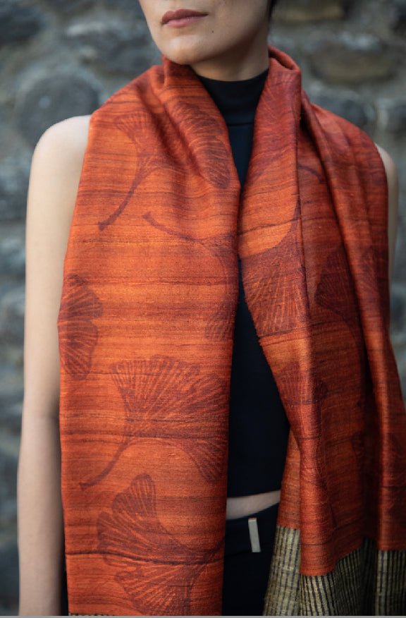 Ginkgo leaf 100% Natural Ahimsa Tussar Peace Silk Scarf – Womens Scarf on Brown Living™. SKU: NAESWT05. Img 3.