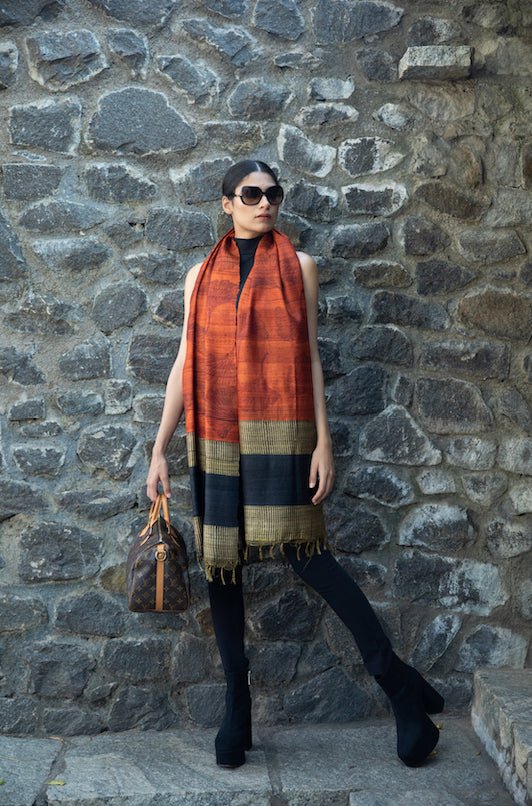Ginkgo leaf 100% Natural Ahimsa Tussar Peace Silk Scarf – Womens Scarf on Brown Living™. SKU: NAESWT05. Img 1.