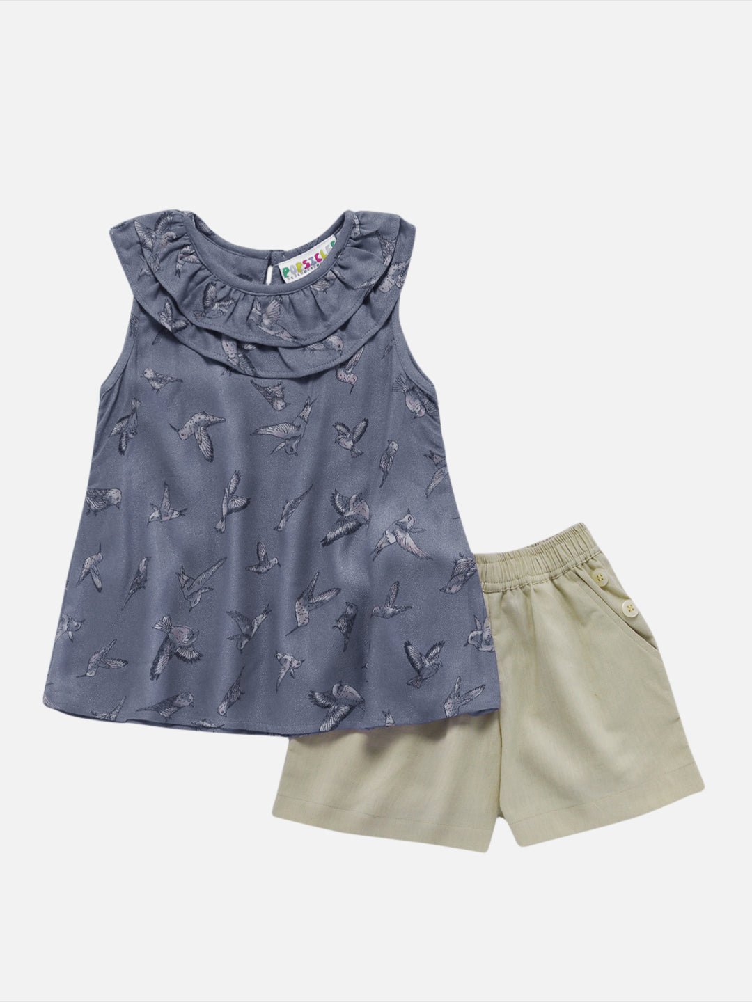 Girls Bird Flock Top & Shorts Set Regular Fit – Cute Summer Outfit – Kids Daywear Sets on Brown Living™. SKU: PG119_1. Img 1.