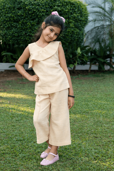 Girls Linen Modish Beige Pants & Top Set – Kids Daywear Sets on Brown Living™. SKU: PG153_1. Img 1.