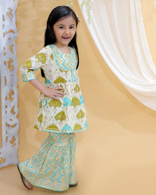 Girls Pure Cotton Jaipur Block Printed Festive Suit Sets - Green – Kids Ethnic Sets on Brown Living™. SKU: KID - SHAR - KURTA - GREE - 1 - 2Y. Img 3.