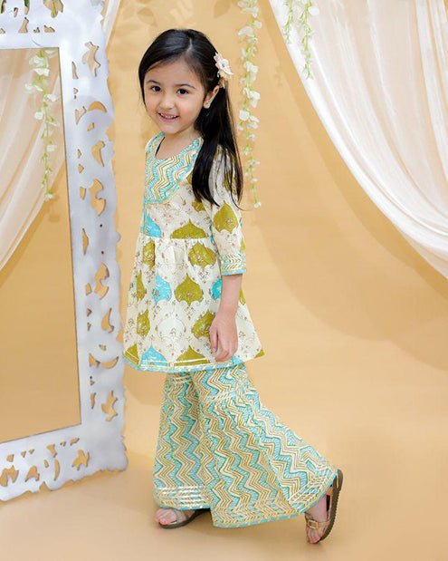 Girls Pure Cotton Jaipur Block Printed Festive Suit Sets - Green – Kids Ethnic Sets on Brown Living™. SKU: KID - SHAR - KURTA - GREE - 1 - 2Y. Img 4.