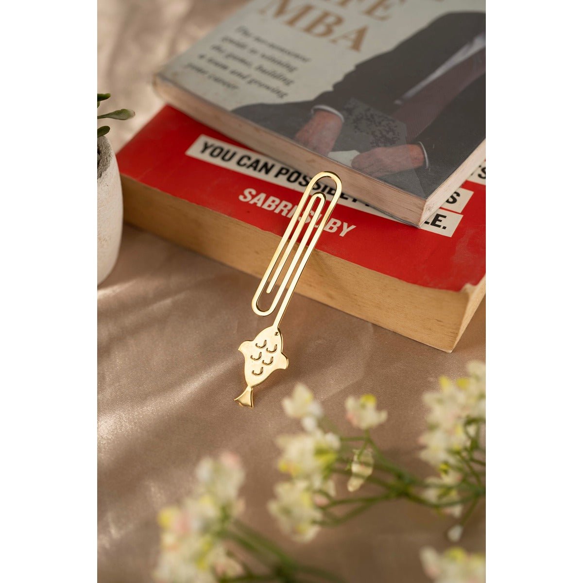 Gold Metal Bookmark | Elegant Slim Page Marker – Bookmarks on Brown Living™. SKU: ANTMBGSLAG. Img 1.