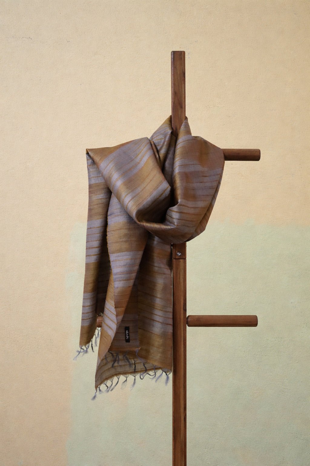 Golden Yellow Handcrafted Tassar Silk Stole| Elegant Fashion Accessory – Womens Scarf on Brown Living™. SKU: WS25ST02. Img 1.