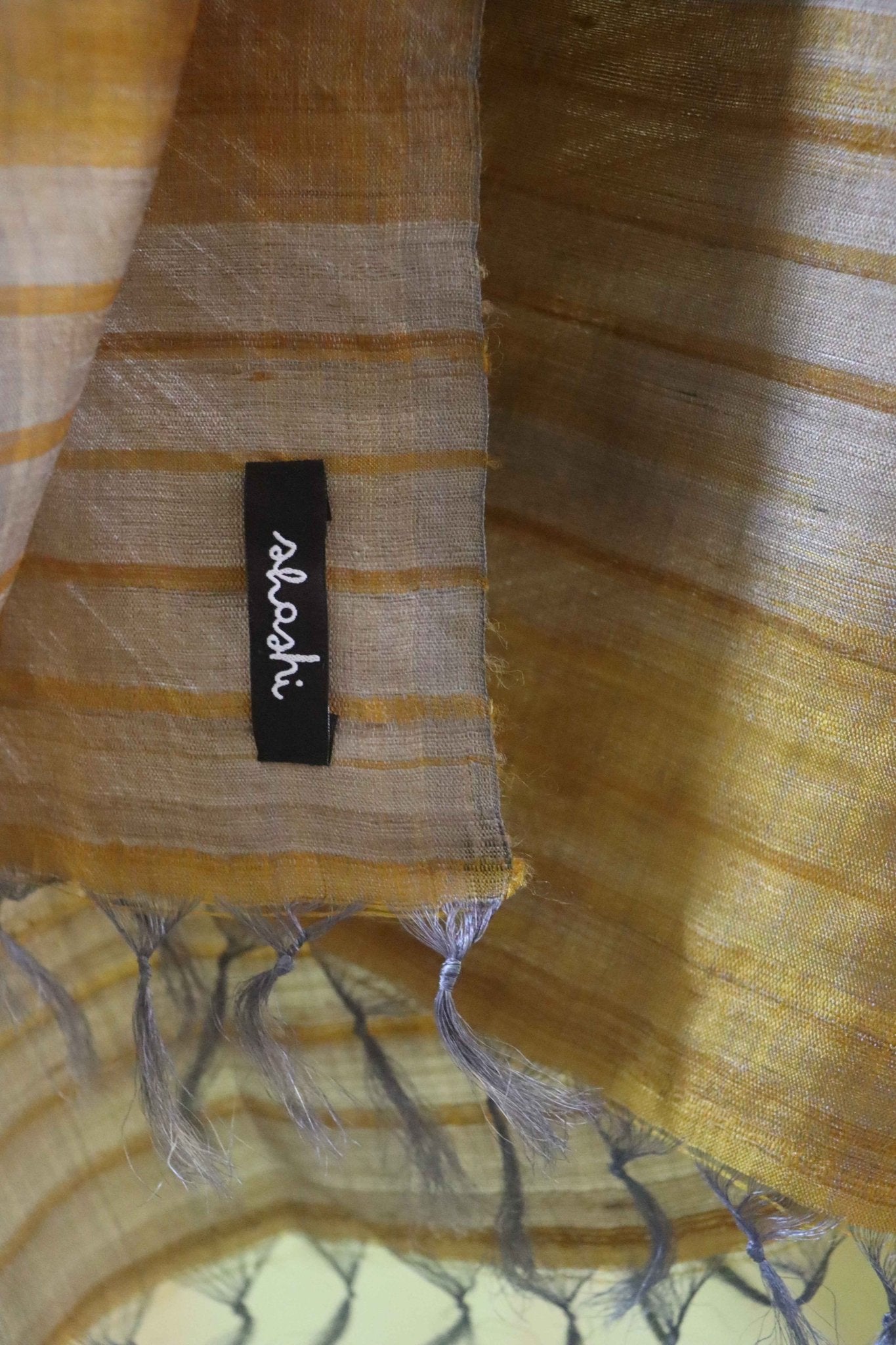 Golden Yellow Handcrafted Tassar Silk Stole| Elegant Fashion Accessory – Womens Scarf on Brown Living™. SKU: WS25ST02. Img 2.