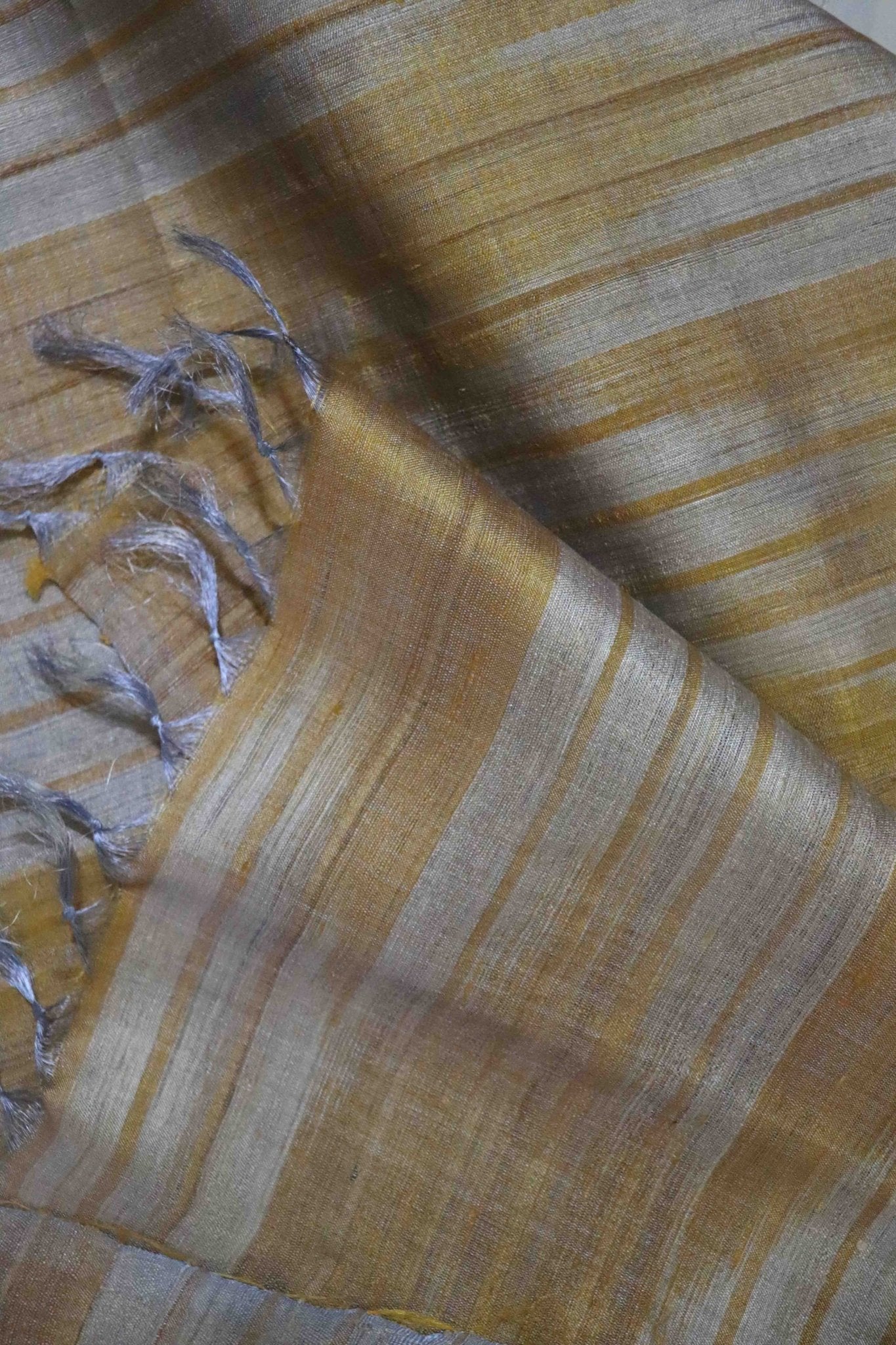 Golden Yellow Handcrafted Tassar Silk Stole| Elegant Fashion Accessory – Womens Scarf on Brown Living™. SKU: WS25ST02. Img 3.