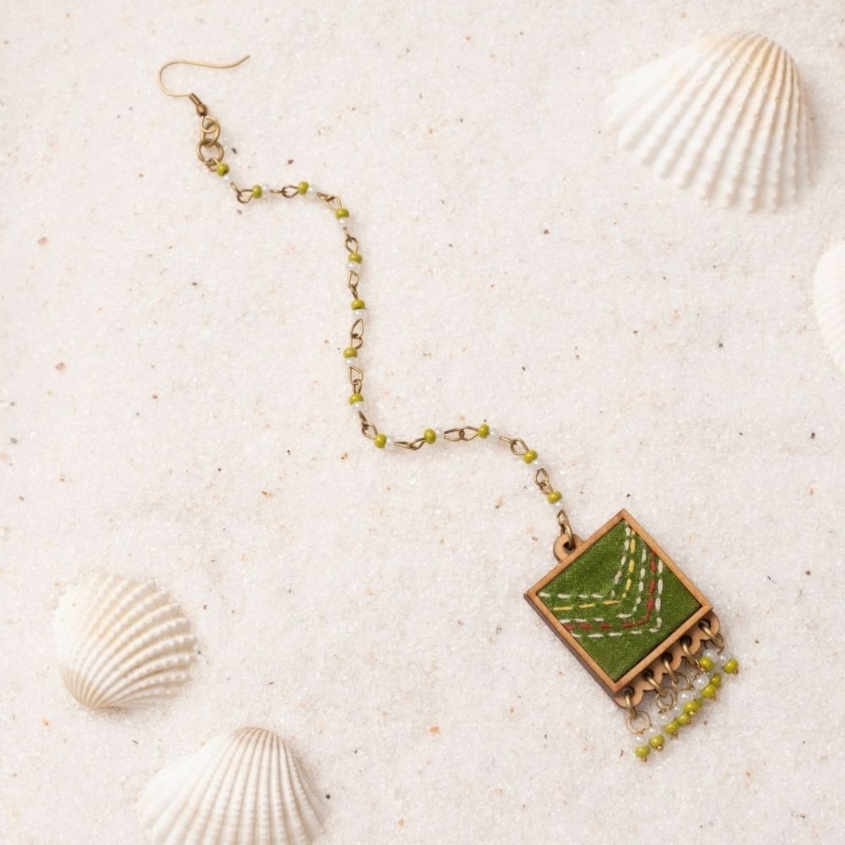 Green Kantha Repurposed Silk Fabric & Wood Jewellery Set – Womens Earrings on Brown Living™. SKU: JCC046. Img 6.