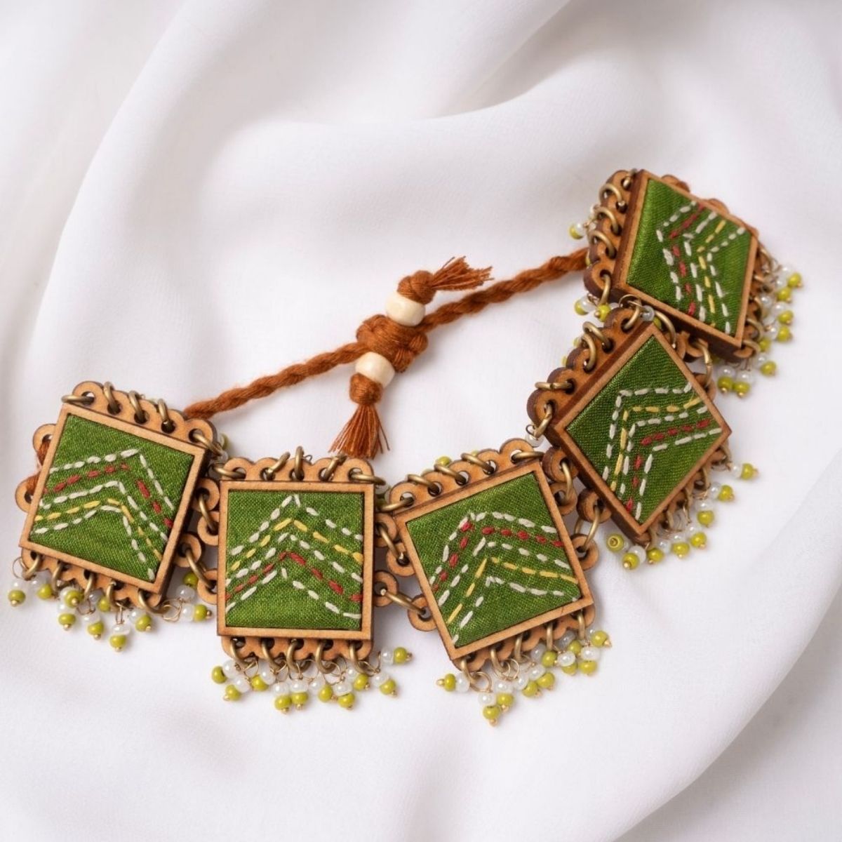 Green Kantha Repurposed Silk Fabric & Wood Jewellery Set – Womens Earrings on Brown Living™. SKU: JCC046. Img 7.