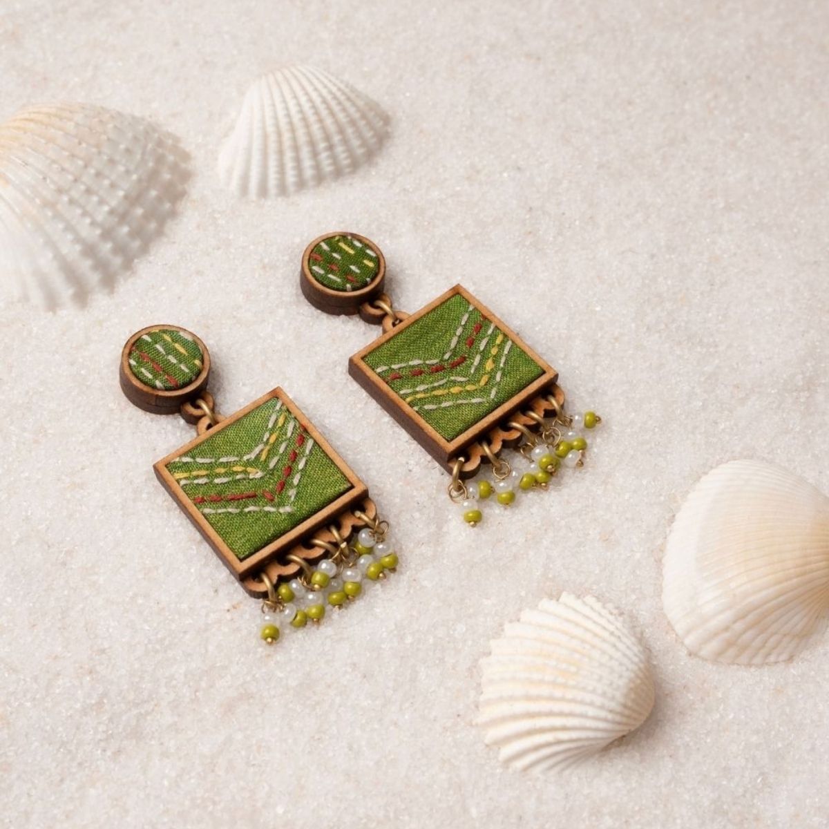 Green Kantha Repurposed Silk Fabric & Wood Jewellery Set – Womens Earrings on Brown Living™. SKU: JCC046. Img 4.