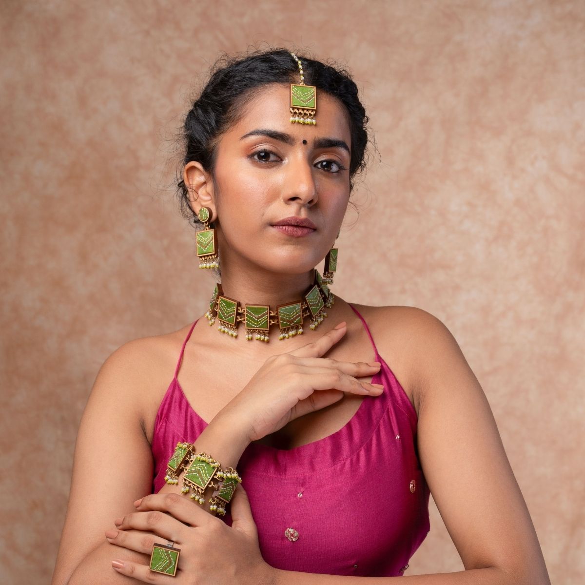 Green Kantha Repurposed Silk Fabric & Wood Jewellery Set – Womens Earrings on Brown Living™. SKU: JCC046. Img 1.