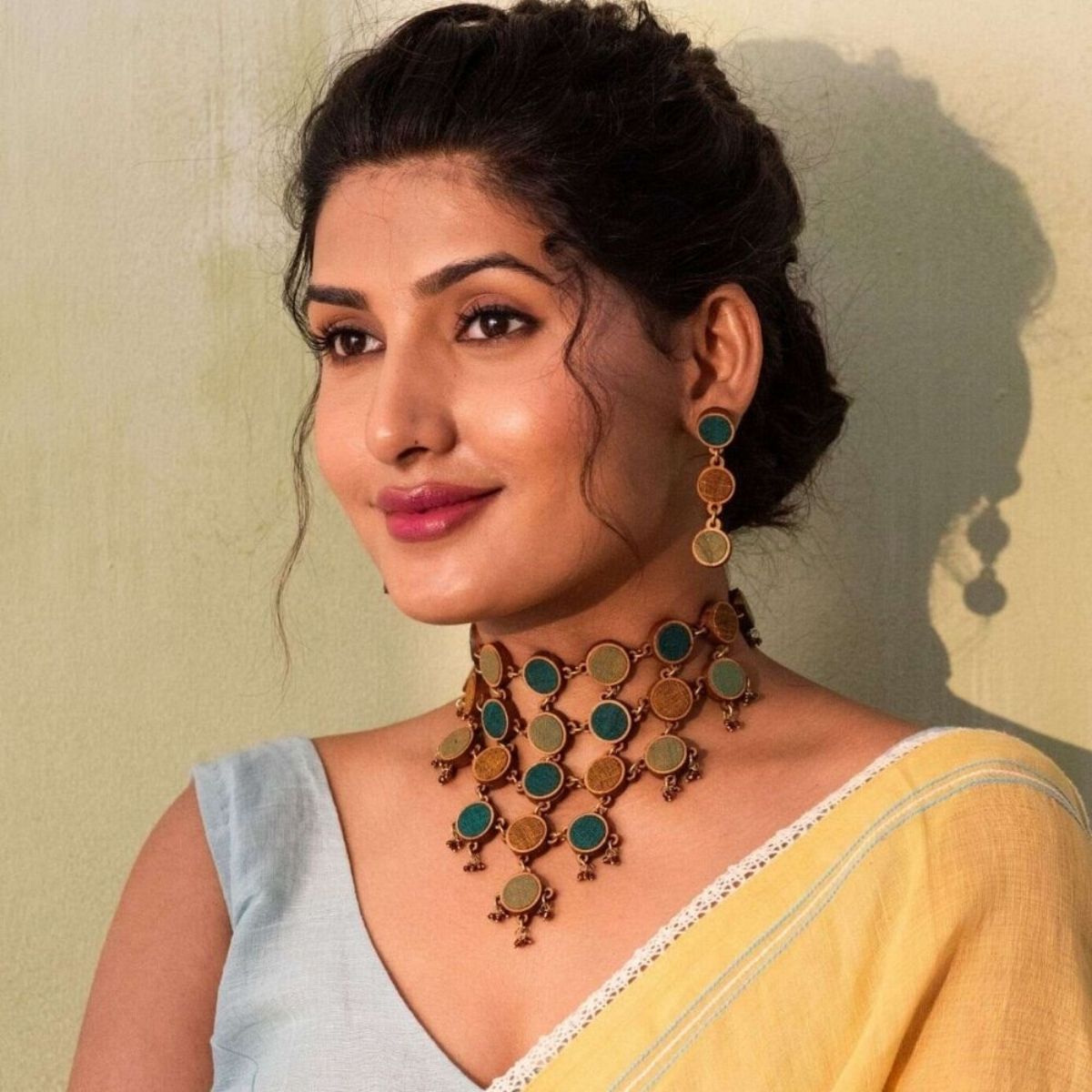 Green Shades Repurposed Fabric & Wood Adjustable Necklace Earrings Set – Womens Earrings on Brown Living™. SKU: JCC025. Img 1.