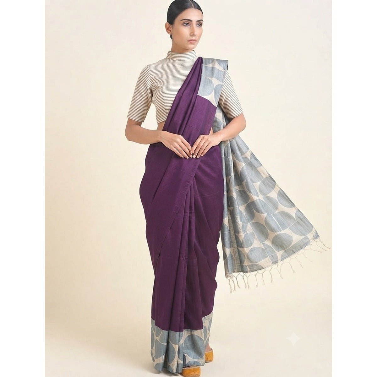 Grey Polka Dot Mulberry Silk Saree | 100% Natural Silk – Womens Saree on Brown Living™. SKU: NAESA23. Img 2.