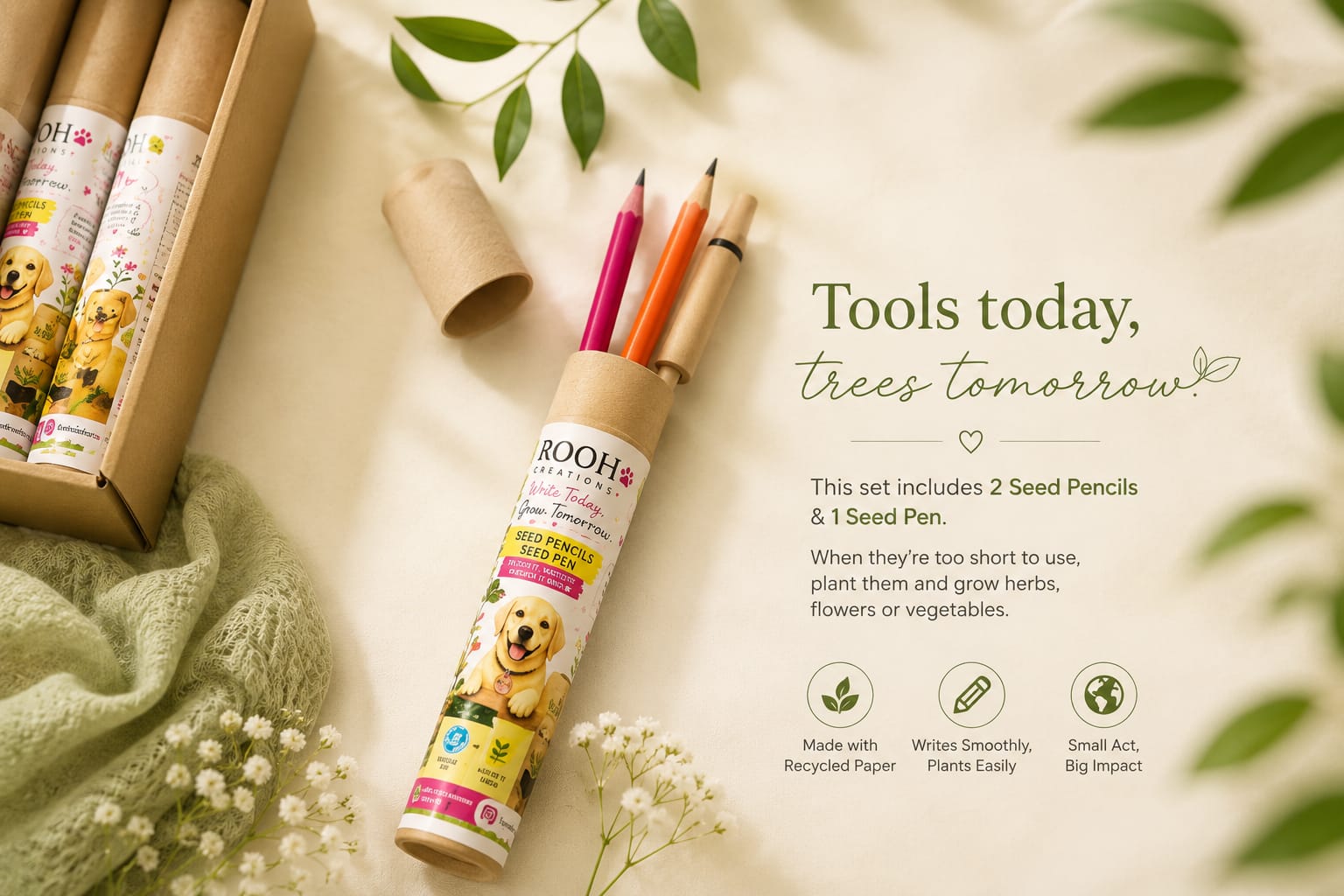 Grow Tomorrow Seed Pencil & Pen Eco Set | Sustainable Stationery – Pens & Pencils on Brown Living™. SKU: BRC-ESP-2P1P-001. Img 3.