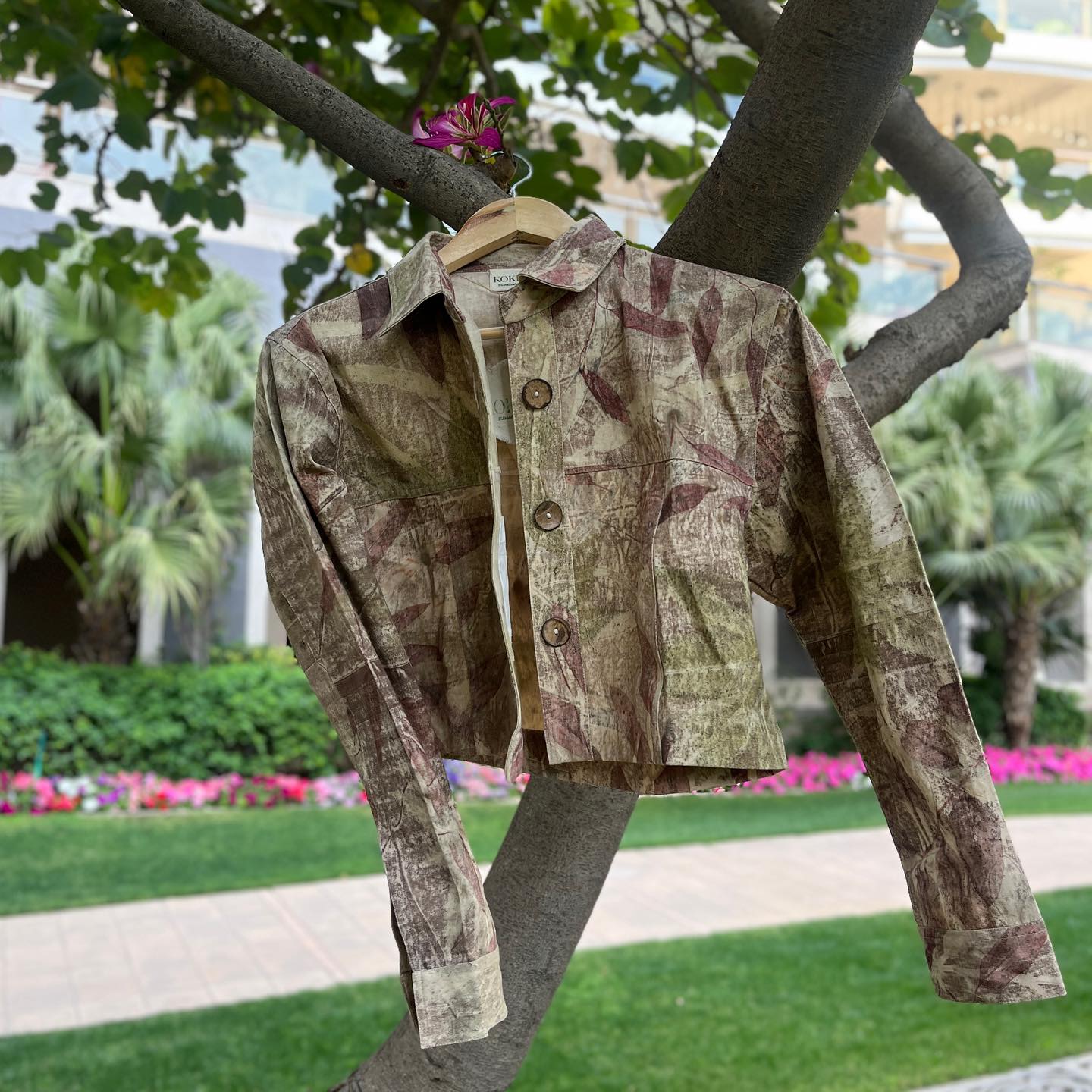 Guava Leaves Eco Printed Oversized Crop Jacket | Sustainable Jacket – Womens Jacket on Brown Living™. SKU: CJ009. Img 1.
