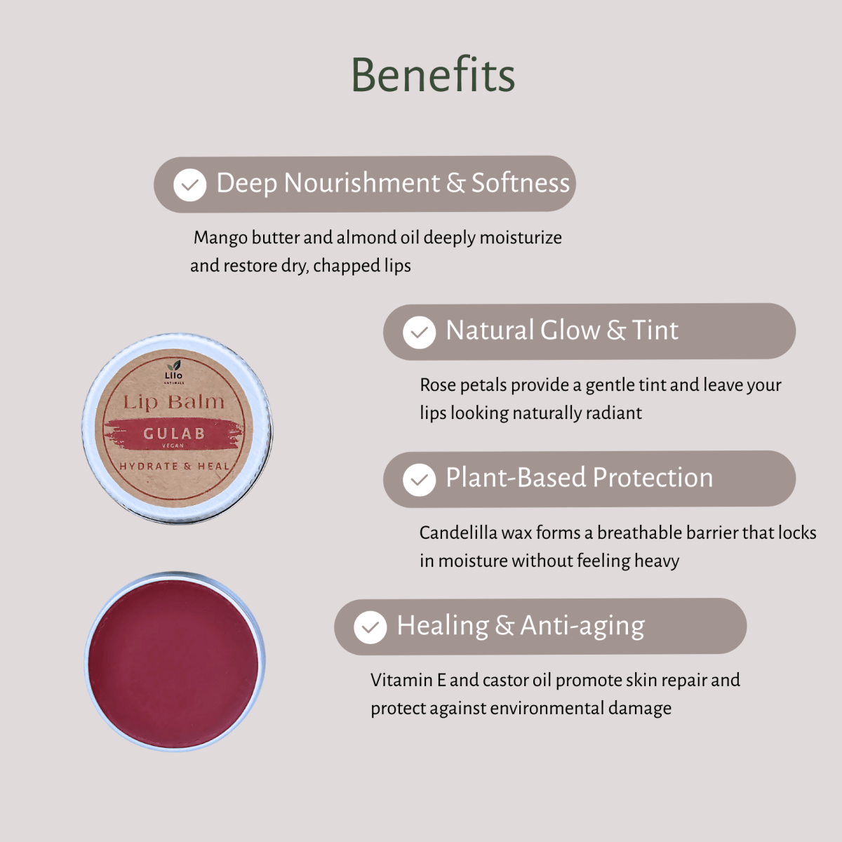 Gulab Lip Balm | For Pigmented & Chapped Lips – Lip Balms by Lilo Naturals available on Brown Living™. Pack Of 1 . SKU: SKU00001 - 1. Img 4.