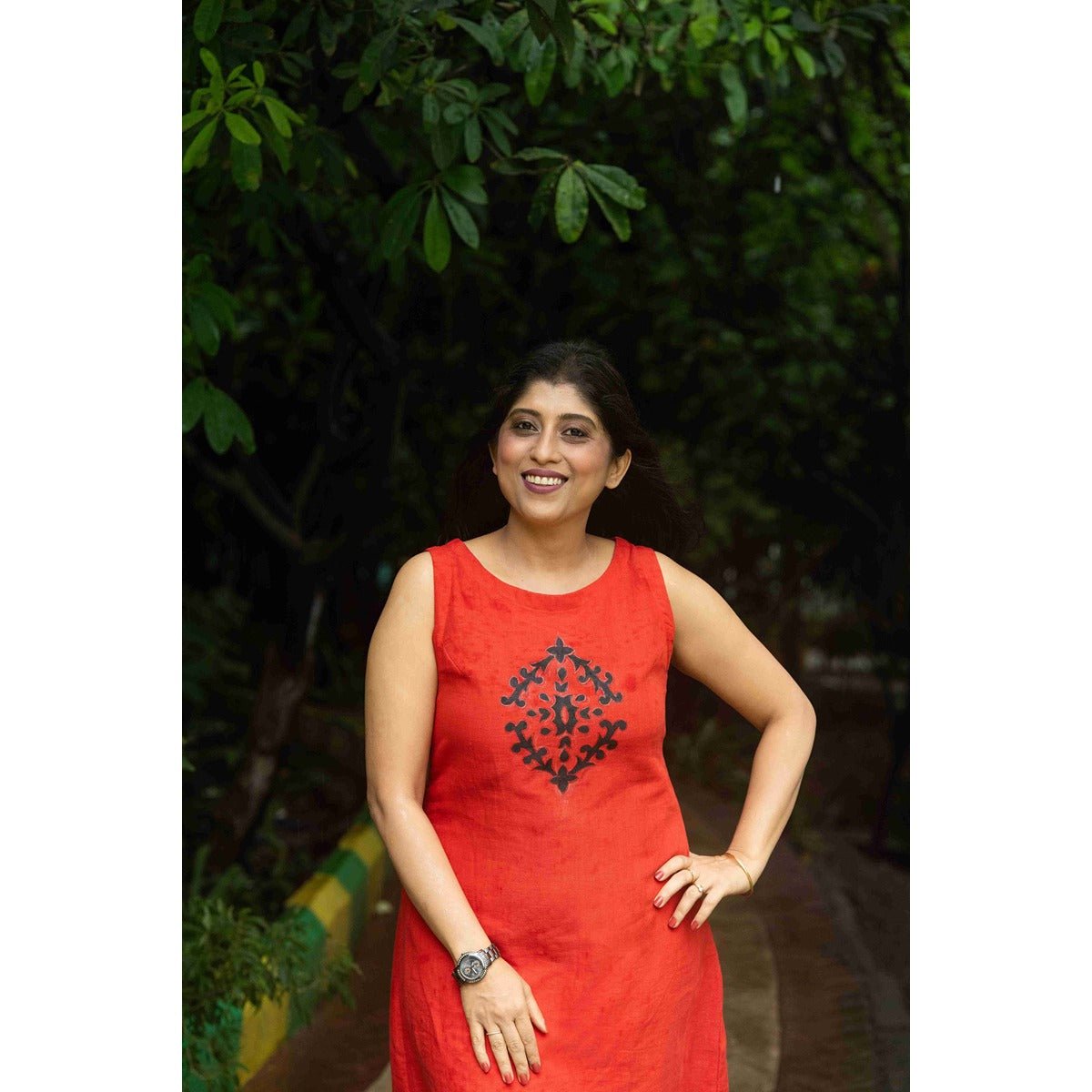 Gulnaar Cotton Rust Red Dress With Black Hand Painted Motif – Womens Dress on Brown Living™. SKU: HD1028S_XS. Img 3.
