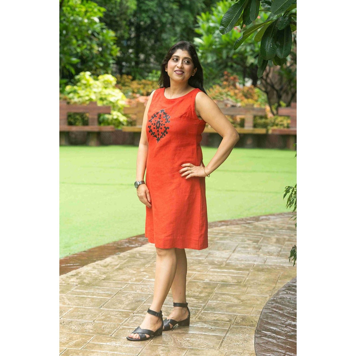 Gulnaar Cotton Rust Red Dress With Black Hand Painted Motif – Womens Dress on Brown Living™. SKU: HD1028S_XS. Img 1.