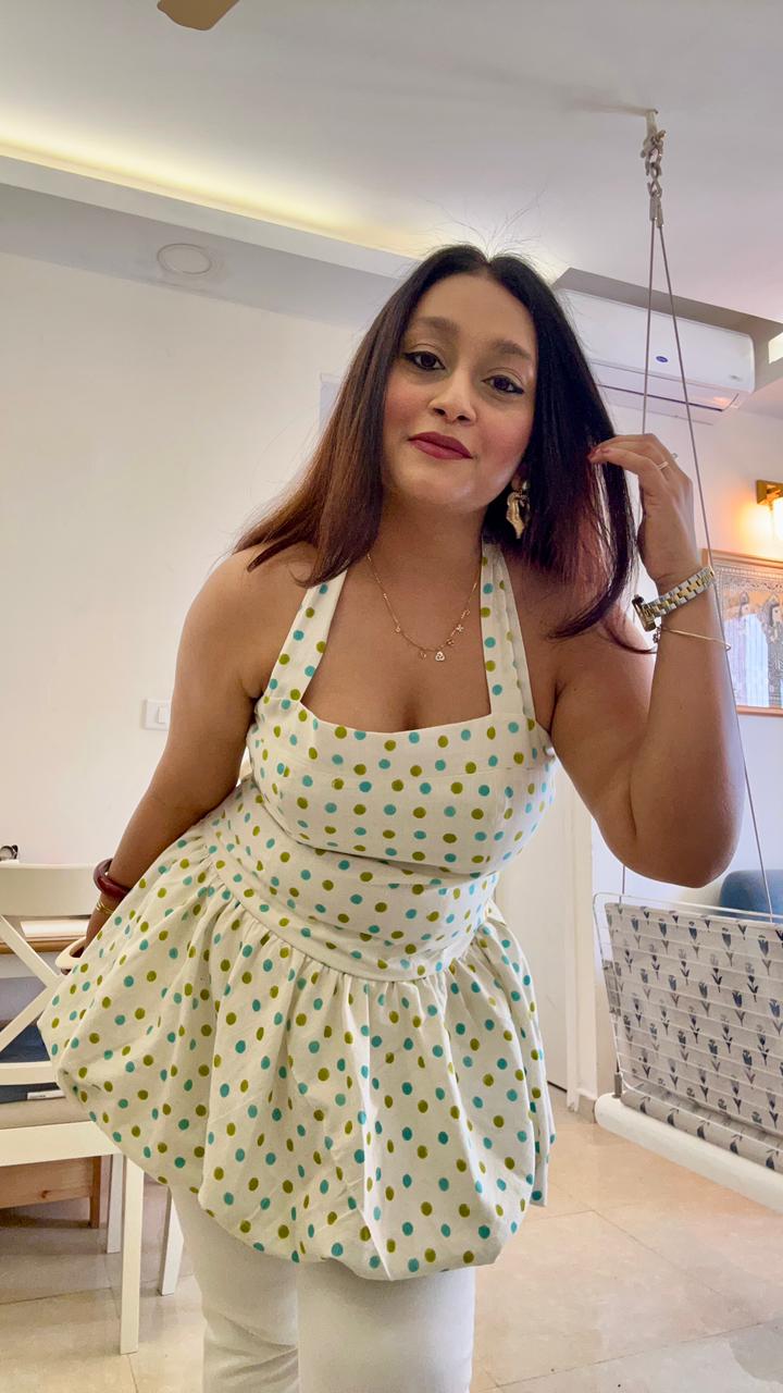 Halter Neck Cupcake Peplum Dress | Flattering Fit & Playful Style – Womens Dress on Brown Living™. SKU: DR-58-L-AQ. Img 4.