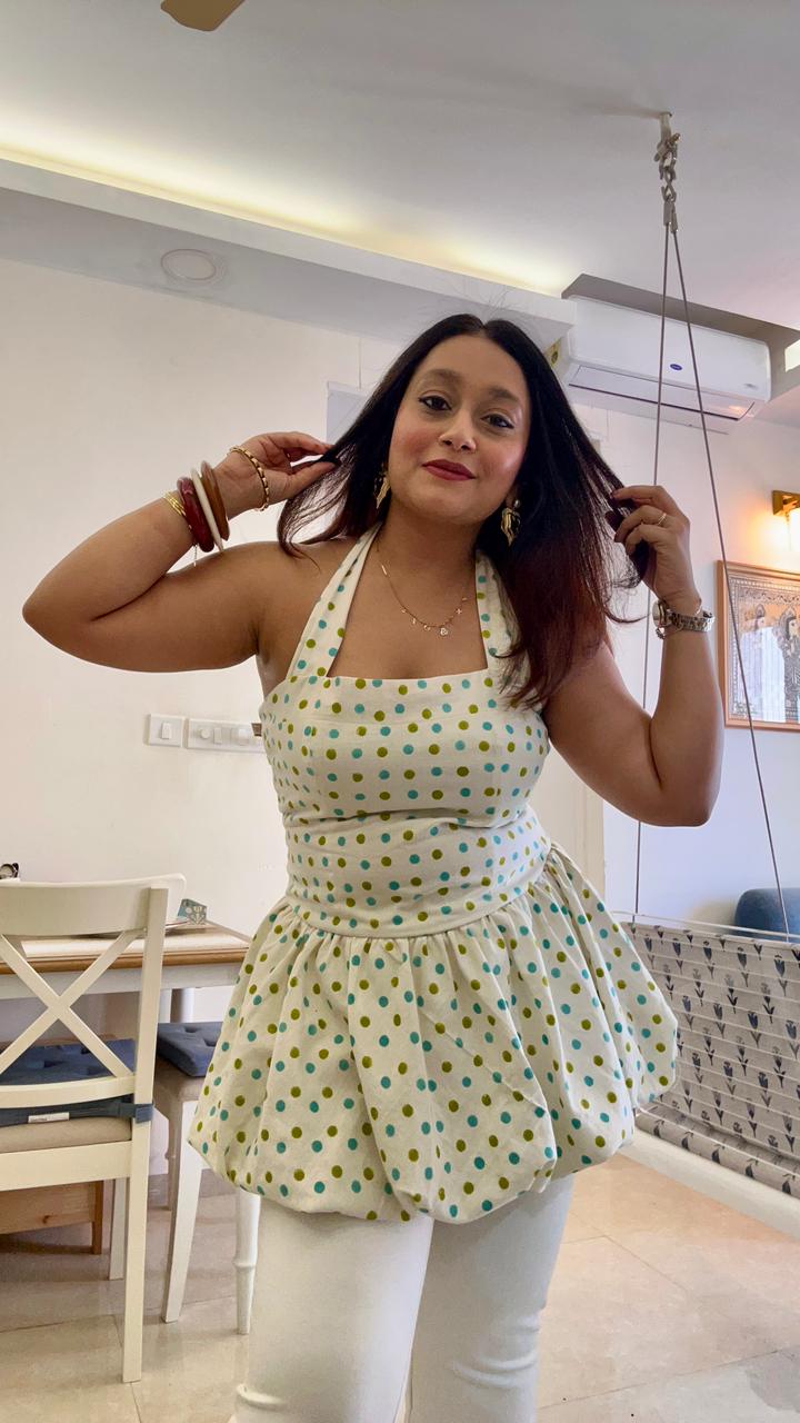 Halter Neck Cupcake Peplum Dress | Flattering Fit & Playful Style – Womens Dress on Brown Living™. SKU: DR-58-XS-AQ. Img 1.