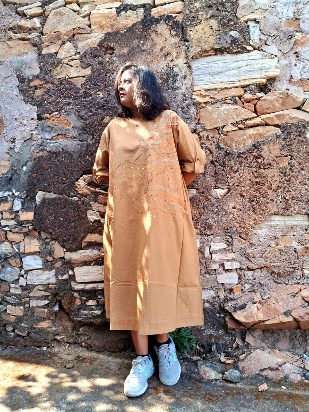 Hand Embroidered Beige Dress for Women