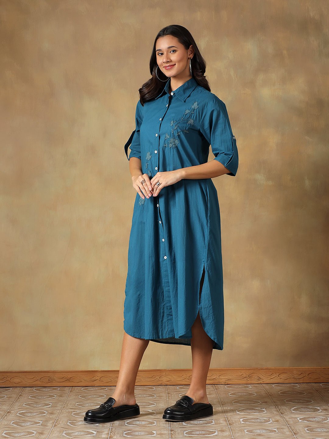 Hand Embroidered Cotton Chikankari Straight Fit Shirt Dress – Womens Dress on Brown Living™. SKU: IHTCSD02ST. Img 2.