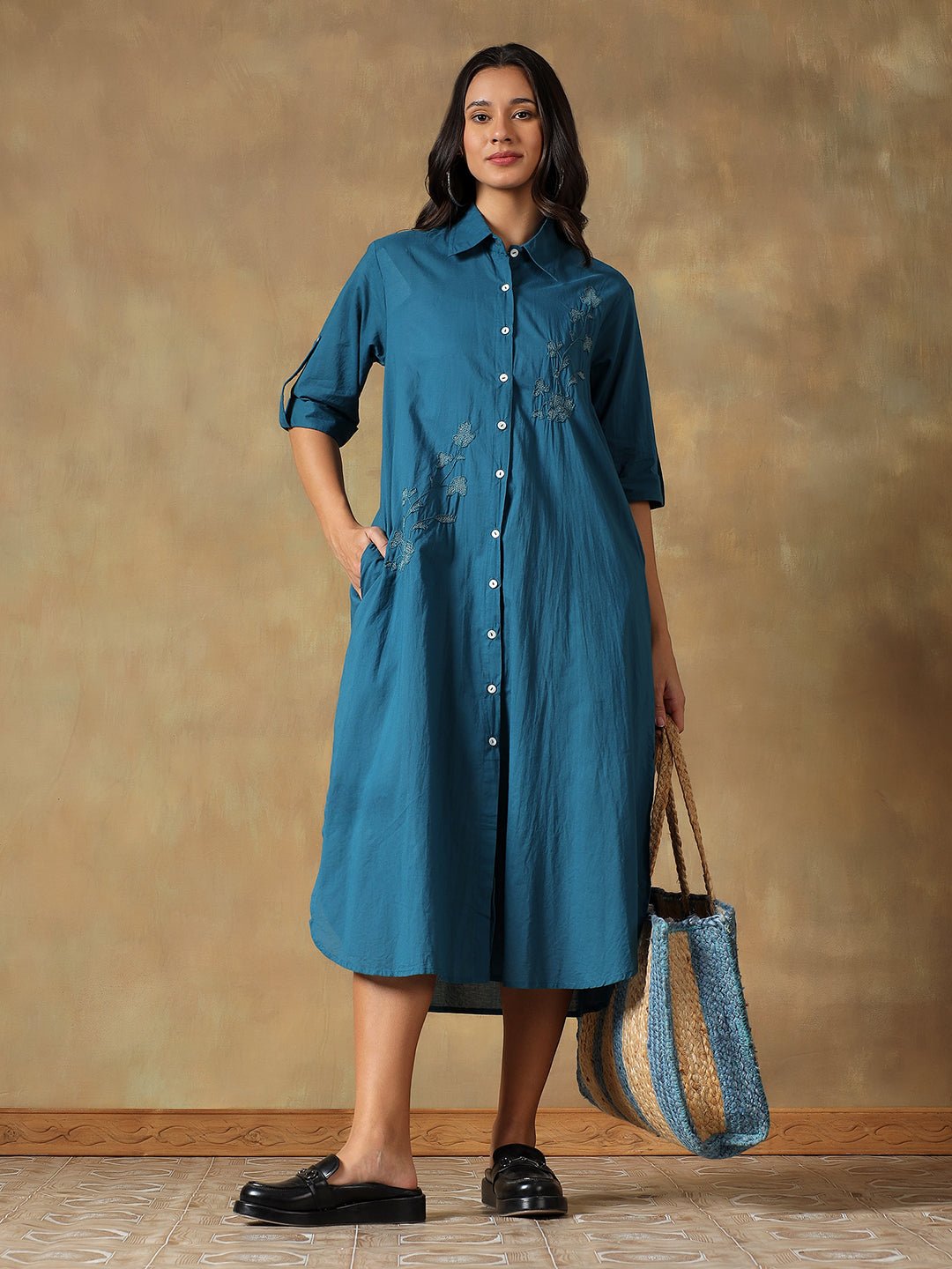 Hand Embroidered Cotton Chikankari Straight Fit Shirt Dress – Womens Dress on Brown Living™. SKU: IHTCSD02ST. Img 1.