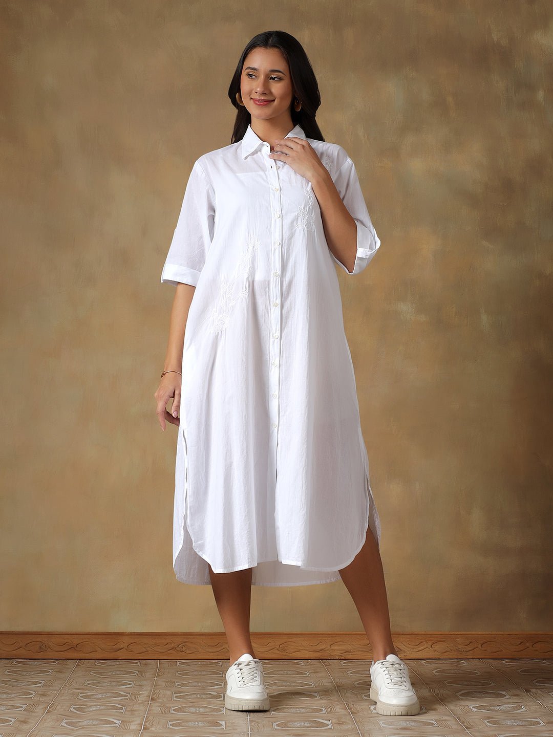 Hand Embroidered Cotton Chikankari Straight Fit Shirt Dress – Womens Dress on Brown Living™. SKU: IHTCSD02SW. Img 13.