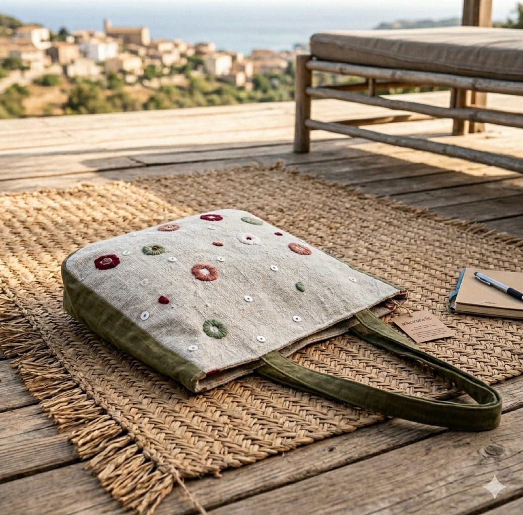 Hand Embroidered Linen Cotton Tote Bag – Womens Bag on Brown Living™. SKU: KRBL04. Img 3.