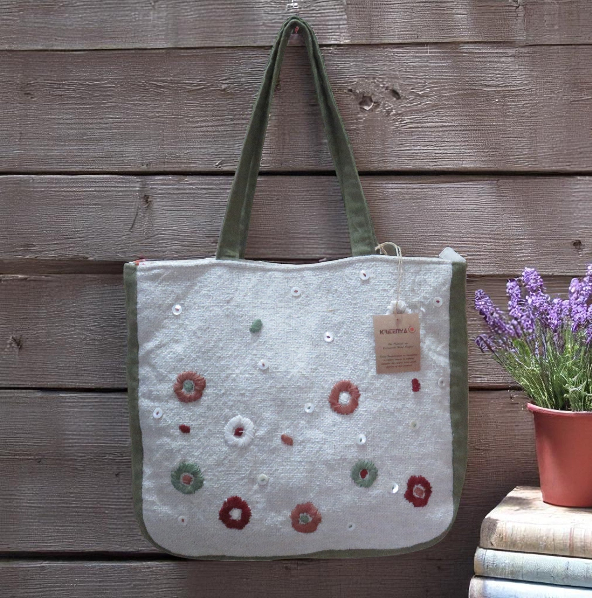 Hand Embroidered Linen Cotton Tote Bag – Womens Bag on Brown Living™. SKU: KRBL04. Img 2.