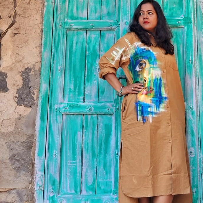 Hand Painted Long Shirt Dress for Women | Cotton Casual Midi Dress – Womens Dress on Brown Living™. SKU: MUDRAYAS2. Img 6.