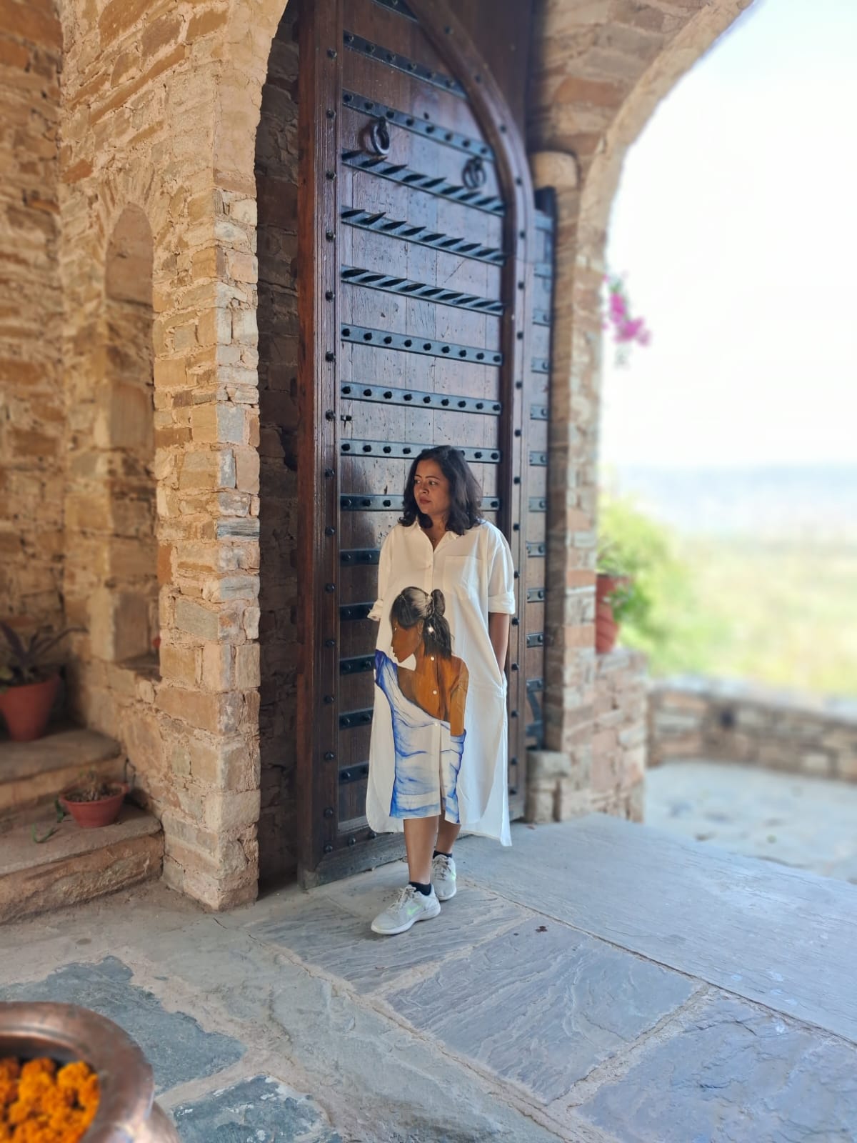 Hand Painted Off White Cotton Dress for Women | Elegant Casual Dress – Womens Dress on Brown Living™. SKU: MUDRAYAS23. Img 7.