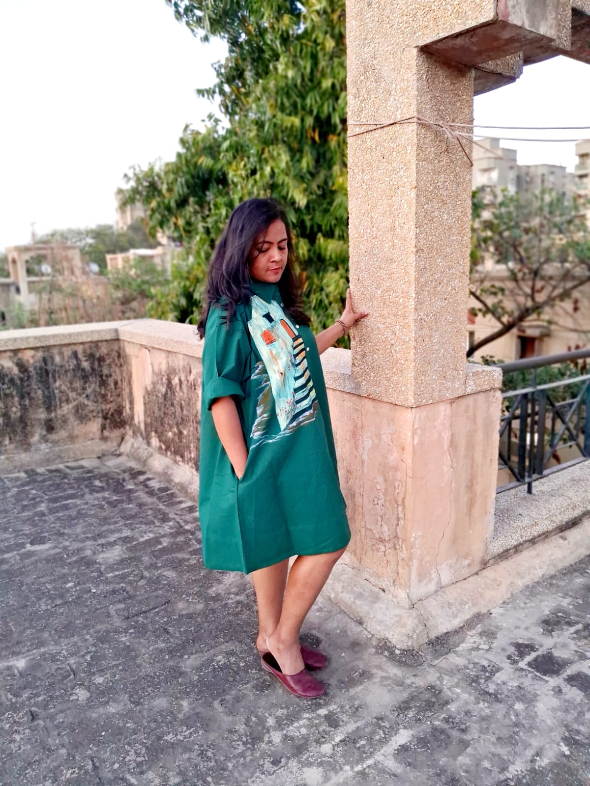 Hand Painted Teal Midi Dress for Women | Cotton Casual Dress – Womens Dress on Brown Living™. SKU: MUDRAYAS18. Img 5.