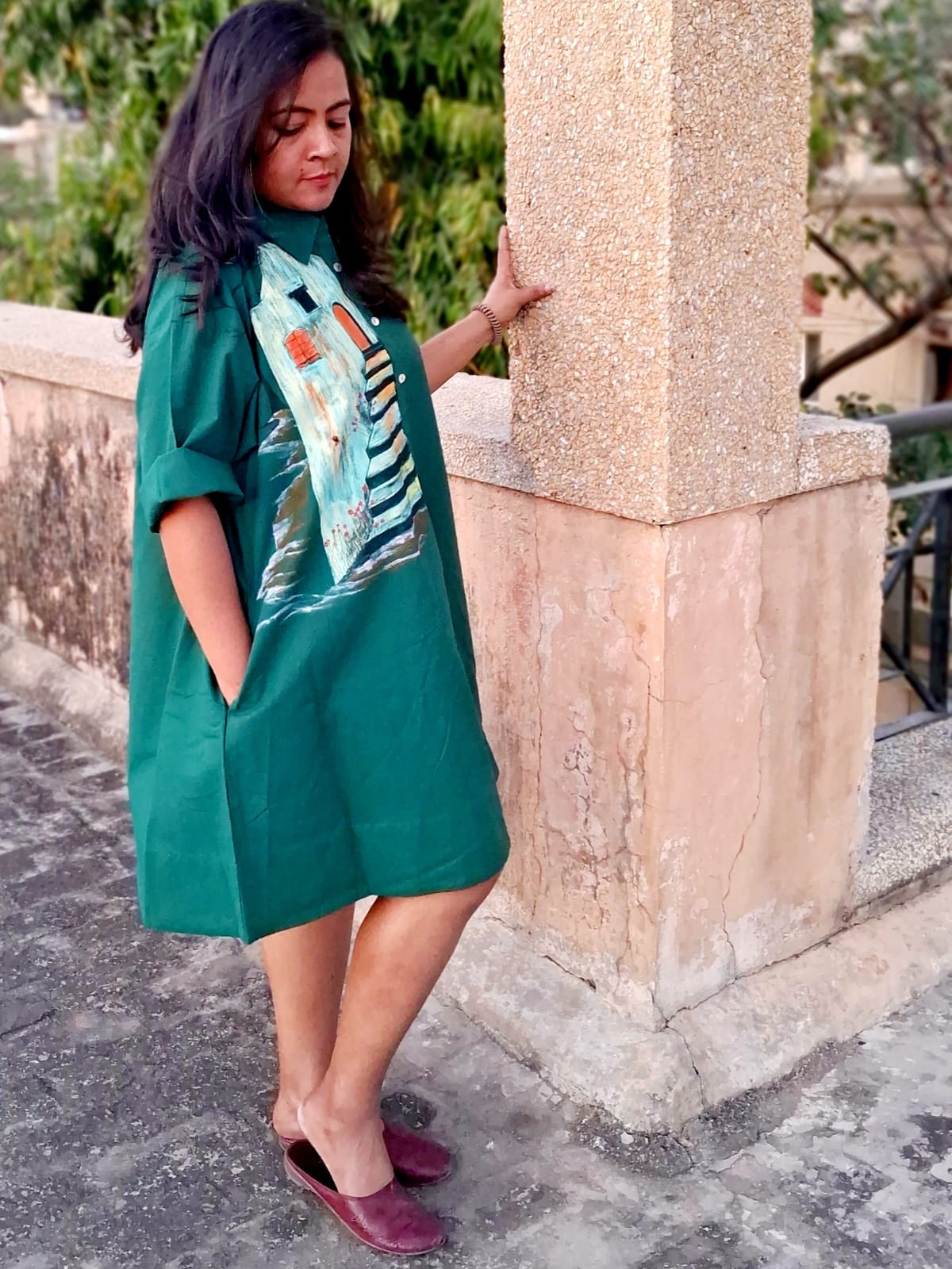 Hand Painted Teal Midi Dress for Women | Cotton Casual Dress – Womens Dress on Brown Living™. SKU: MUDRAYAS18. Img 1.