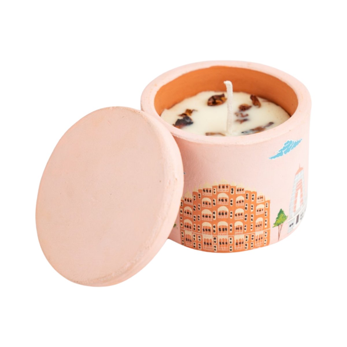 Hand Painted Terracotta Candle with Lid – Candles & Fragrances on Brown Living™. SKU: CN081E. Img 1.