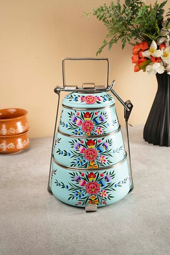 Hand Painted Tiffin Carrier | Steel Lunch Box with Artistic Design – Lunch Box on Brown Living™. SKU: ANTHPTCBHKG. Img 5.