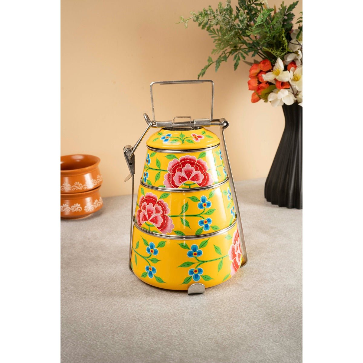 Hand Painted Tiffin Carrier | Steel Lunch Box with Artistic Design – Lunch Box on Brown Living™. SKU: ANTHPTCYHKG. Img 5.