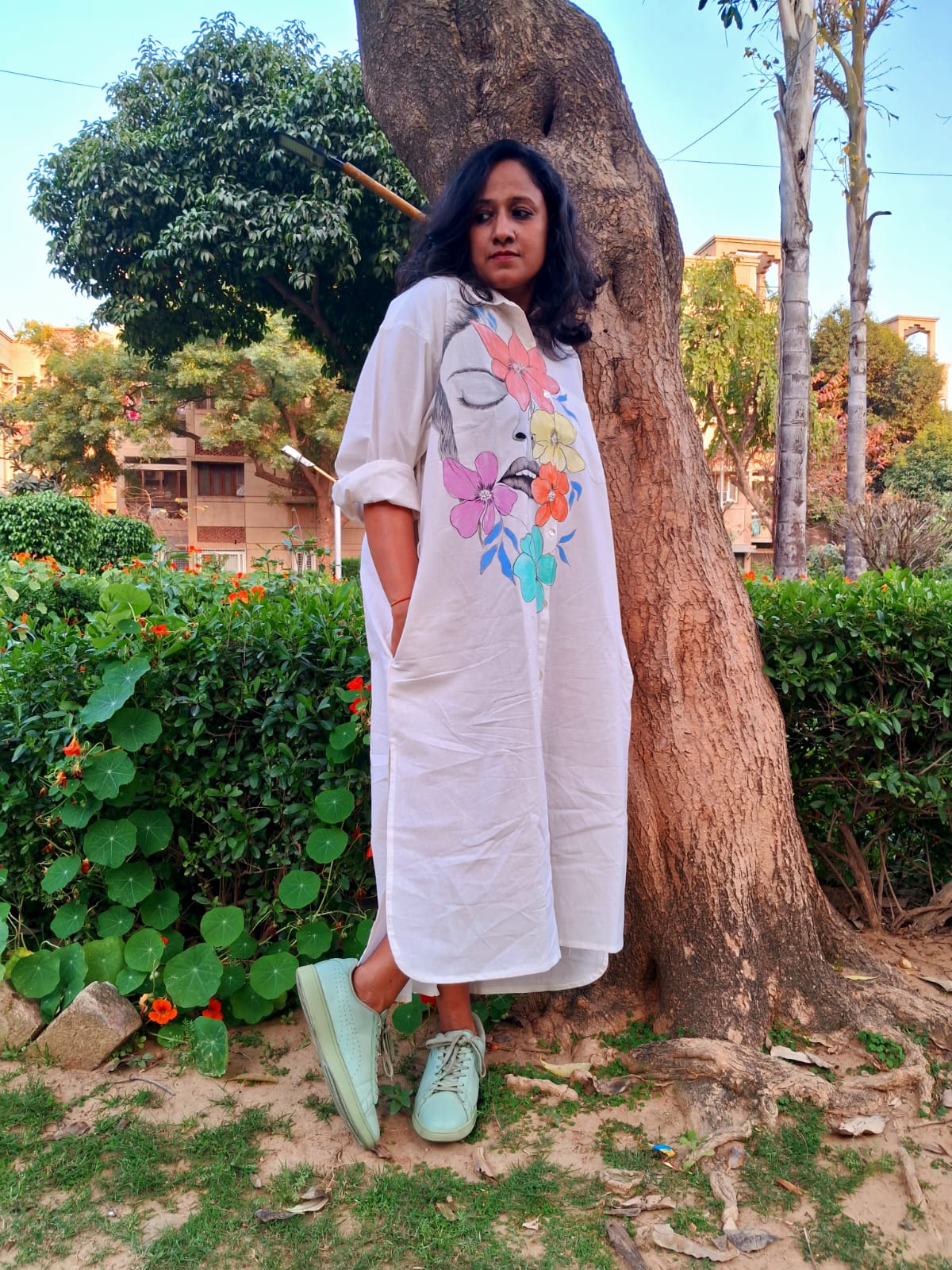 Hand Painted Wearable Art Clothing | Nature Inspired Designer Apparel – Womens Dress on Brown Living™. SKU: MUDRAYAS4. Img 1.