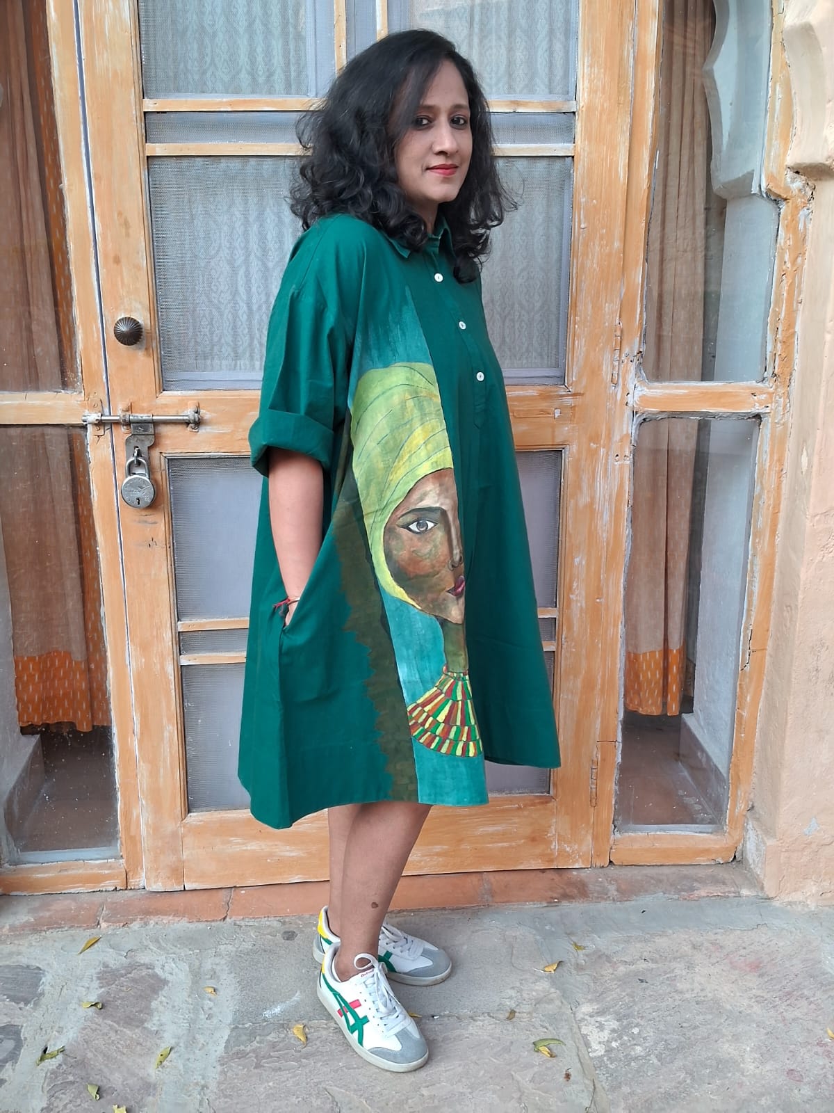 Hand Painted Wearable Art Clothing | Tribal Inspired Designer Apparel – Womens Dress on Brown Living™. SKU: MUDRAYAS10. Img 3.