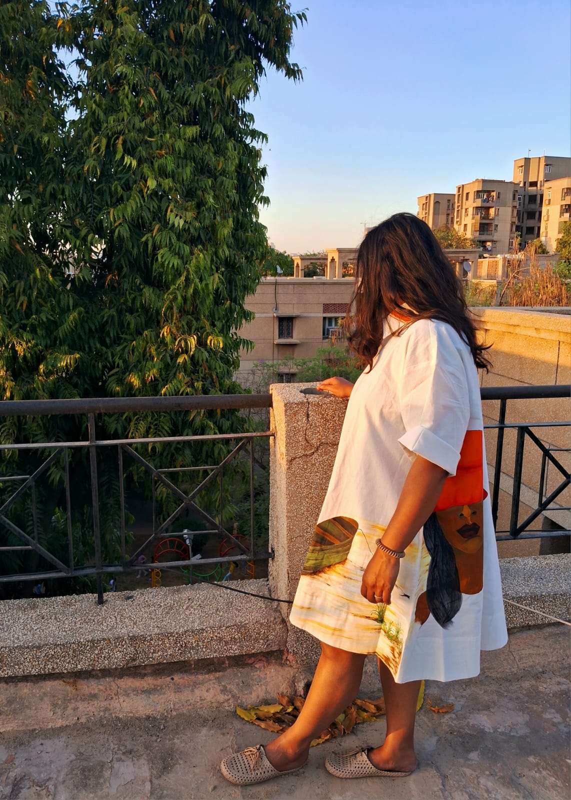 Hand Painted White Midi Dress for Women | Cotton Casual Dress – Womens Dress on Brown Living™. SKU: MUDRAYAS14. Img 1.