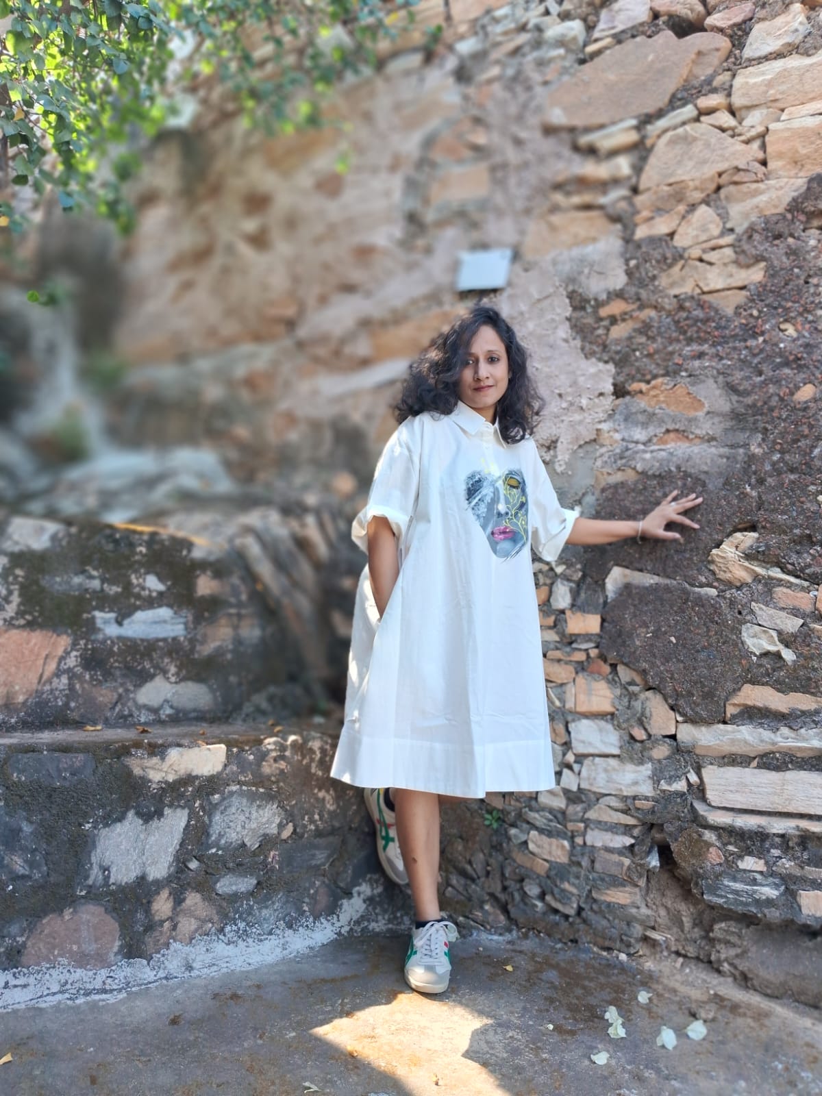 Hand Painted White Shirt Dress for Women | Cotton Casual Midi Dress – Womens Dress on Brown Living™. SKU: MUDRAYAS7. Img 3.