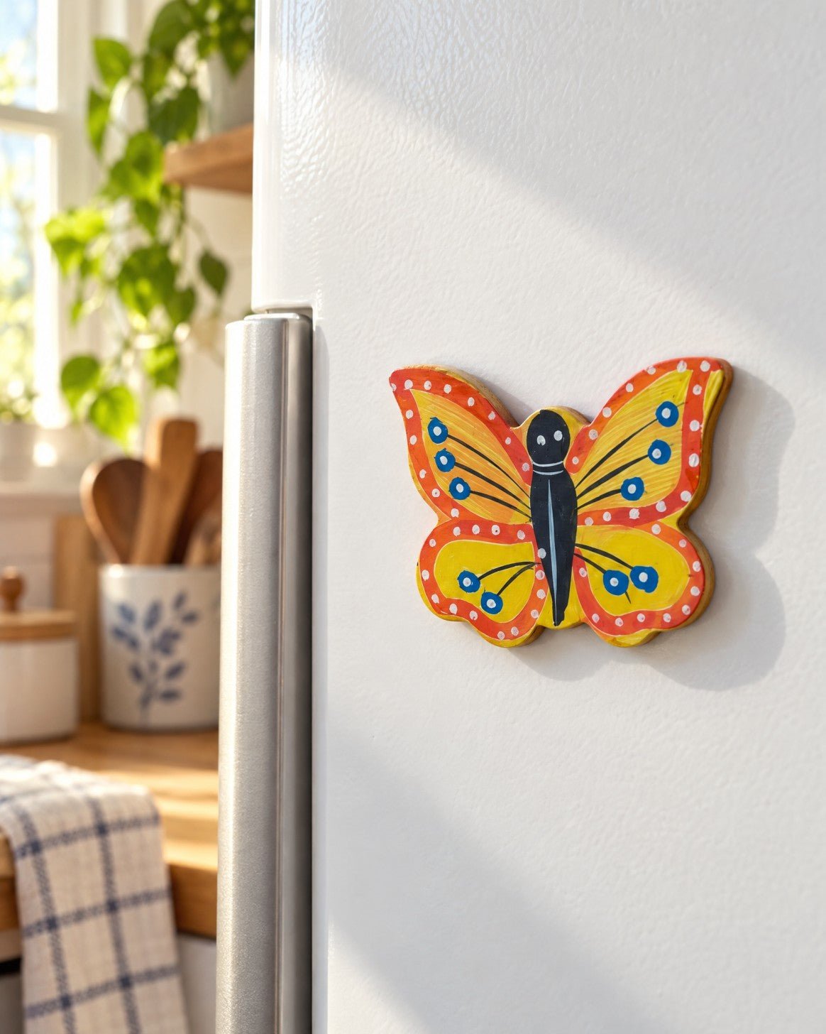 Hand-Painted Wooden Butterfly Fridge Magnet – Action Figures & Collectibles on Brown Living™. SKU: KM03. Img 4.