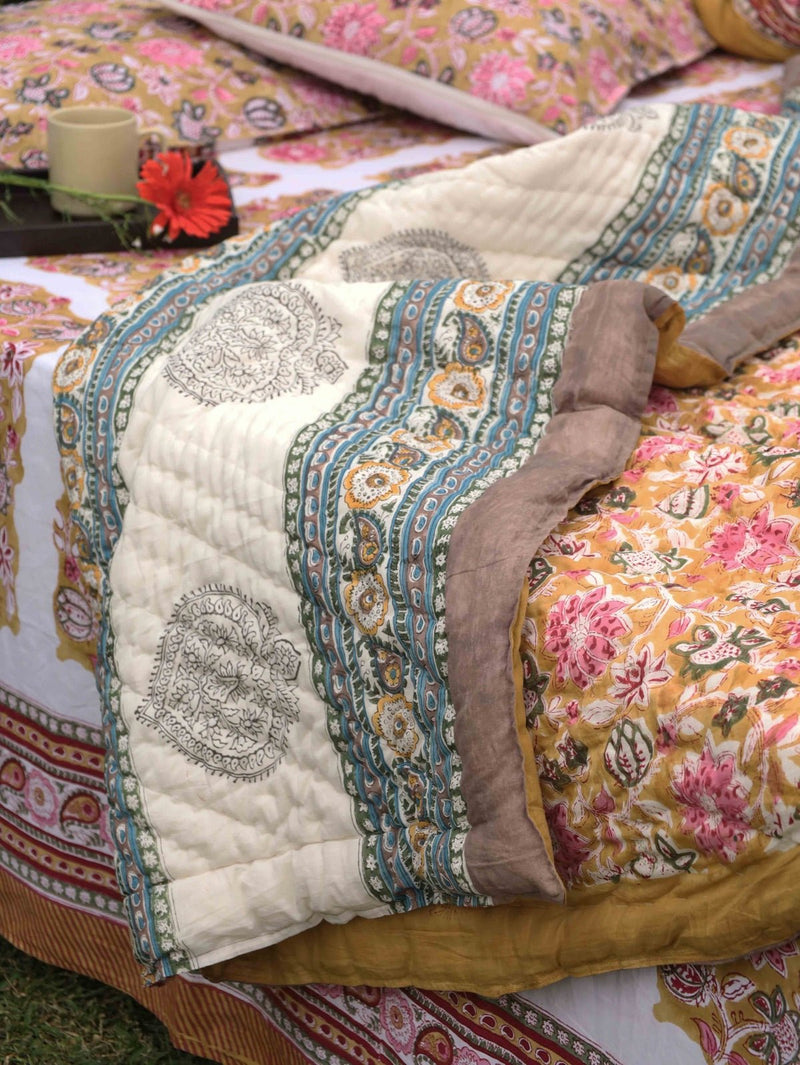 Hand-Printed Organic Cotton Quilt: Ethnic Floral Luxury | Verified Sustainable Bed Linens on Brown Living™