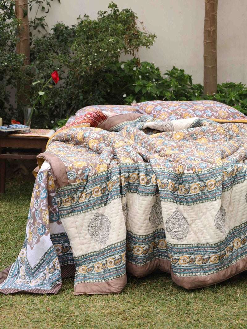 Hand-Printed Organic Cotton Quilt: Ethnic Floral Luxury | Verified Sustainable Bed Linens on Brown Living™
