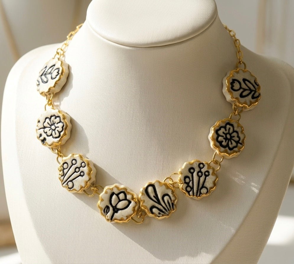 Handcrafted Clay Floral Medallion Necklace with Gold Detailing – Womens Necklaces on Brown Living™. SKU: 004-GIVORY. Img 2.