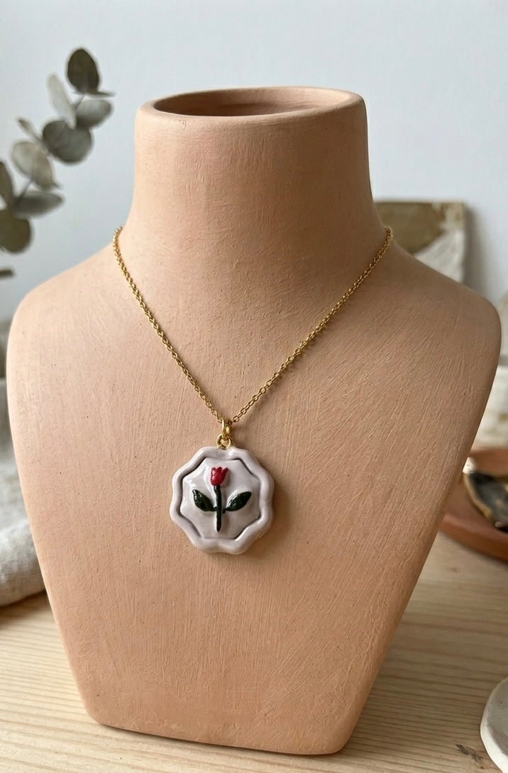 Handcrafted Clay Tulip Pendant Necklace – Minimal Floral Charm – Womens Necklaces on Brown Living™. SKU: 005-abtu. Img 2.