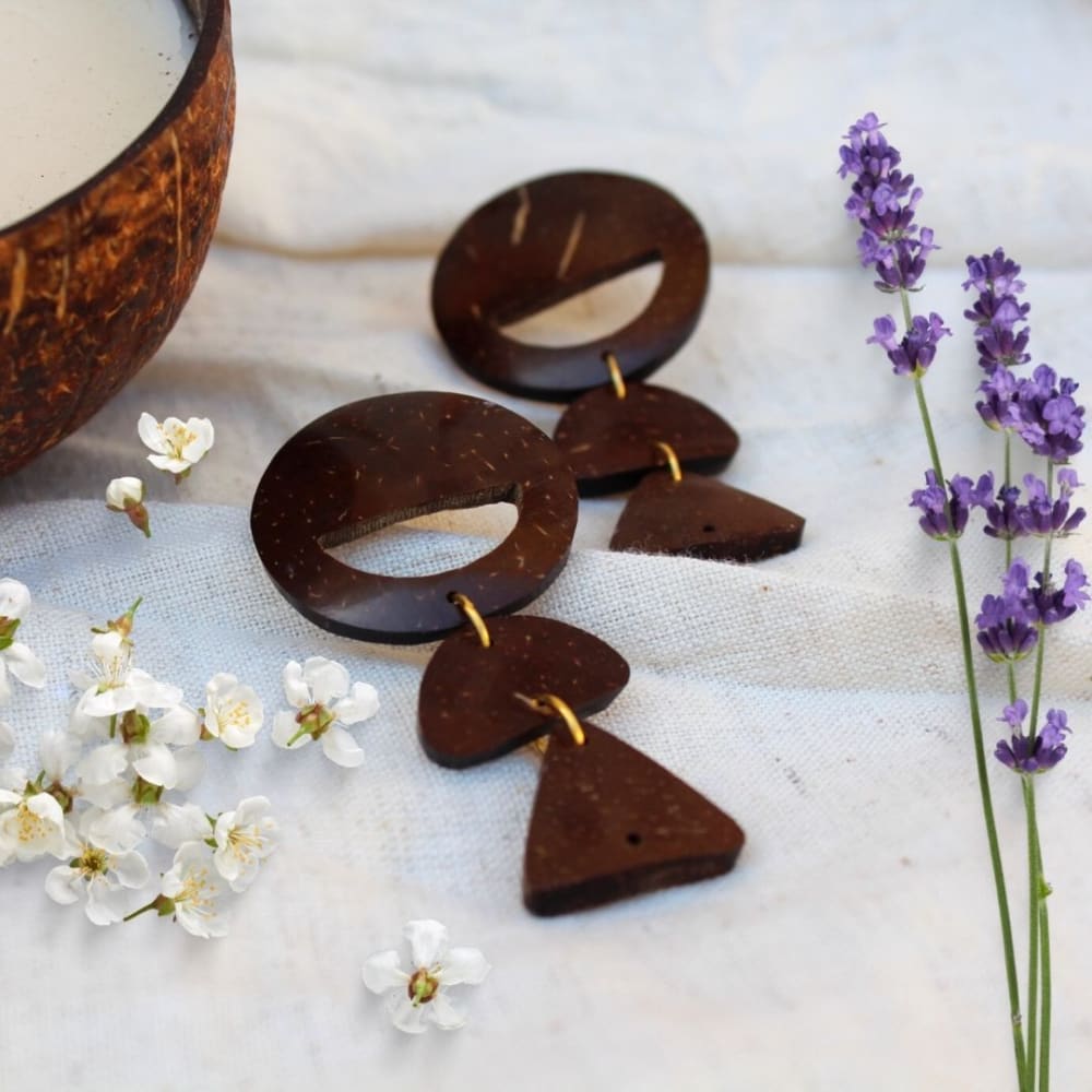 Handcrafted Coco Earth Drops Coconut Shell Earrings – Womens Jewellery on Brown Living™. SKU: OEP104a. Img 5.