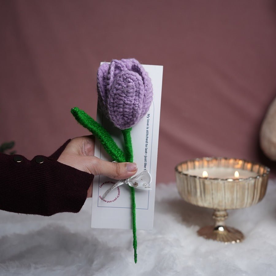 Handcrafted Dark Purple Crochet Tulip | Handmade Floral Decor – Home Decor on Brown Living™. SKU: DF-404. Img 2.