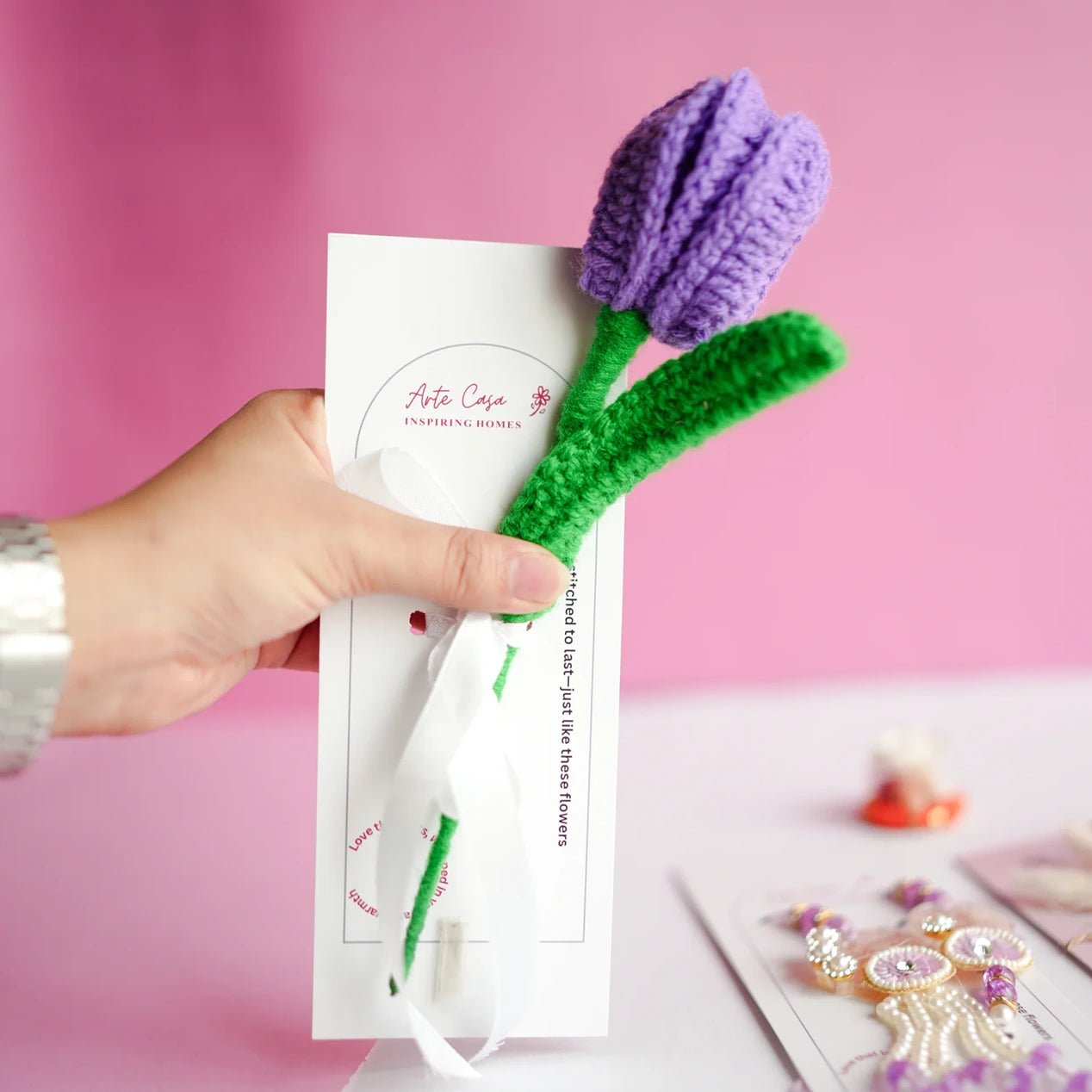 Handcrafted Dark Purple Crochet Tulip | Handmade Floral Decor – Home Decor on Brown Living™. SKU: DF-404. Img 3.