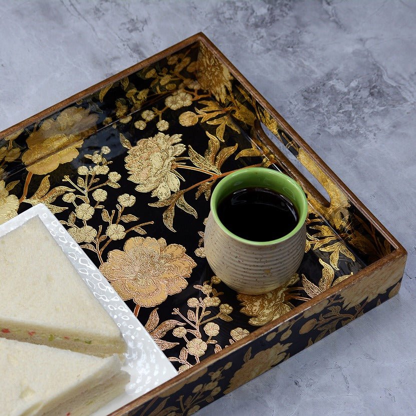Handcrafted Floral Black Gold Foiling Tray – Trays & Platters on Brown Living™. SKU: MJ00111TY. Img 2.