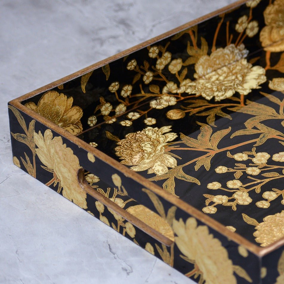 Handcrafted Floral Black Gold Foiling Tray – Trays & Platters on Brown Living™. SKU: MJ00111TY. Img 1.